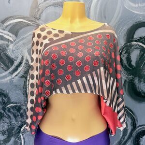 Miss Edge Bat Wing Top L Coral Black Polka Dot and Stripe Rhinestone